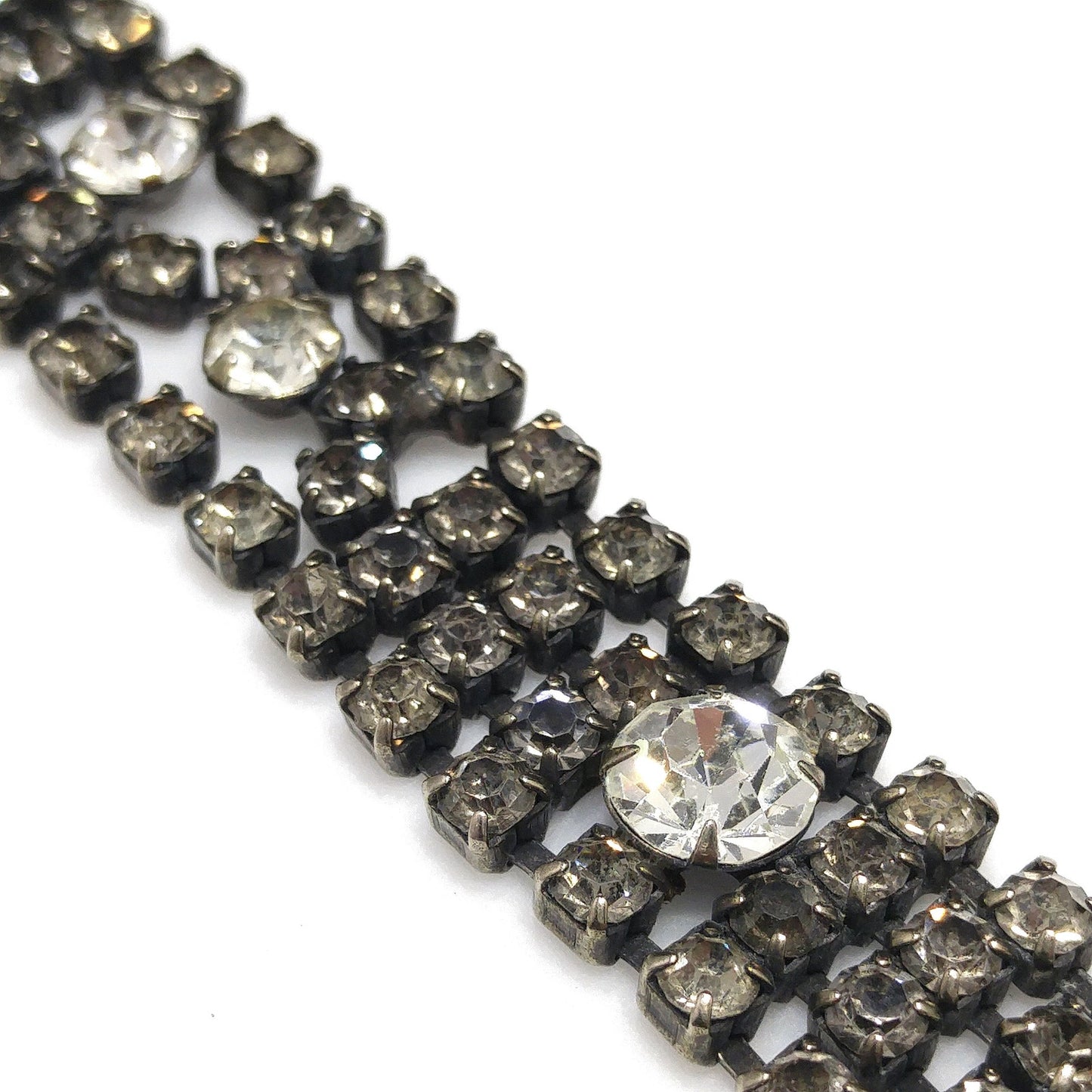 Vintage Kramer Black Clear Crystal Rhinestone Bracelet, Silver Plated, 1950s