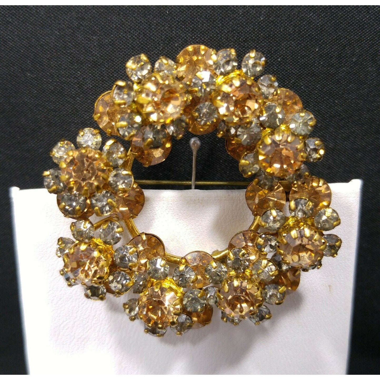 Austria Crystal Topaz Gray Rhinestone Wreath Brooch, 1950s Vintage Jewelry