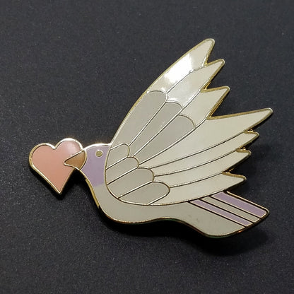 Vintage Laurel Burch "Celeste With Heart" Pendant Brooch, Grey White Enamel Bird