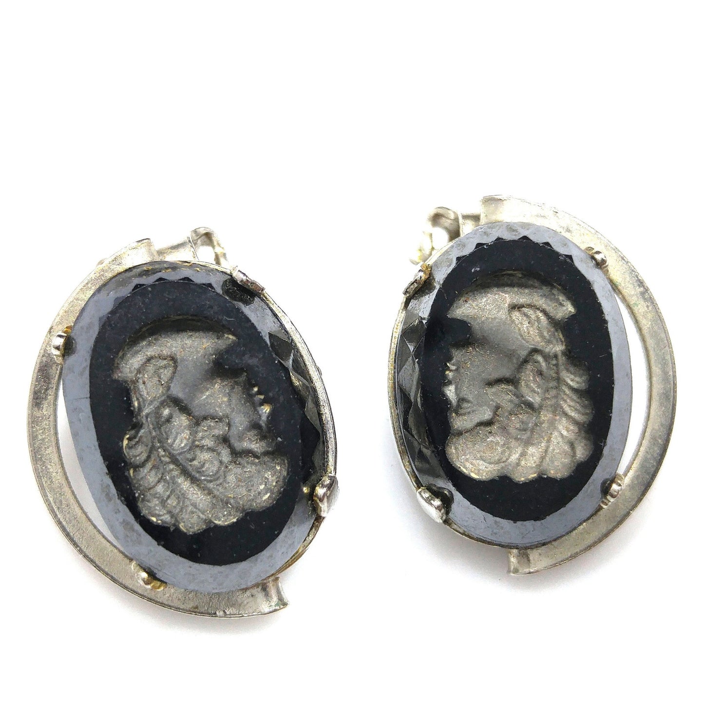 Black Glass Intaglio Cameo Brooch & Clip Earrings, 1960s Vintage Jewelry