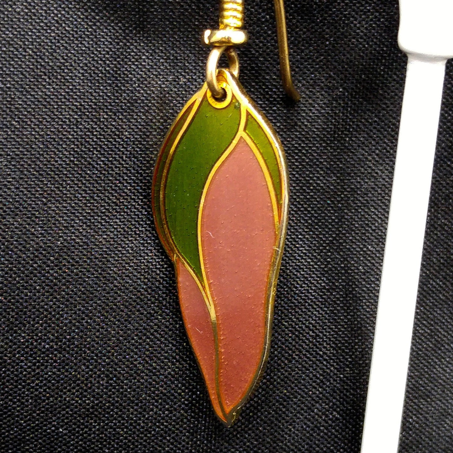 Laurel Burch "Barbee's Blossom" Earrings, Green & Dusty Pink, Gold Plated, 1980s