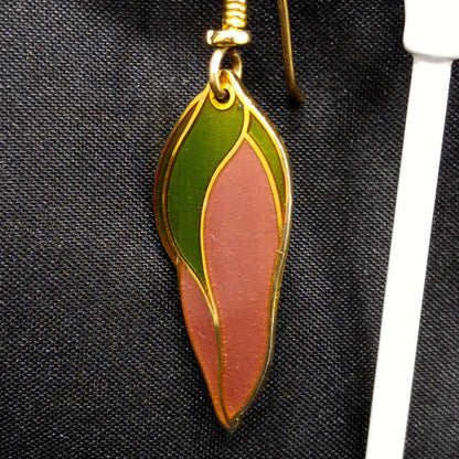 Laurel Burch "Barbee's Blossom" Earrings, Green & Dusty Pink, Gold Plated, 1980s