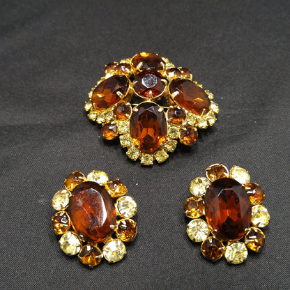 Topaz Rhinestone Brooch & Clip Earrings Set, Gold Plated, 1960s Vintage Jewelry