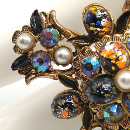Vintage Maltese Cross Brooch, Foil Cabs, Faux Pearls AB Rhinestones, Vintage Jewelry