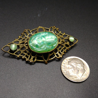 Czech Marbled Glass Scarab Brooch, Egyptian Revival, 1930s Vintage Jewelry