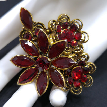 Vintage Red Crystal Rhinestone Floral Brooch, Antique Gold Plated, 1980s Vintage Jewelry