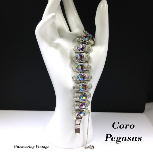 Coro Pegasus Red Aurora Borealis Rhinestone Bracelet, Rhodium Plated, 1950s Vintage Jewelry