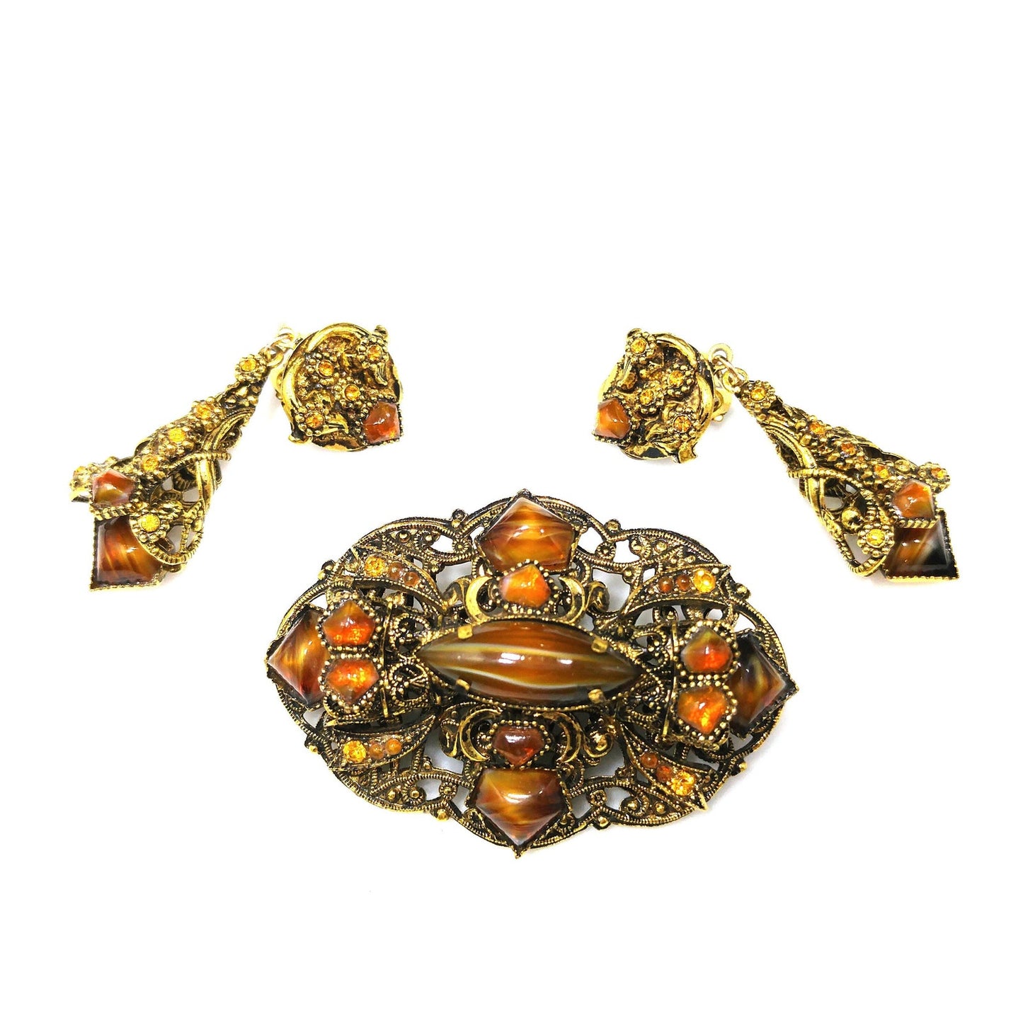 Filigree Topaz Art Glass Brooch & Clip Earrings, Dangle Earrings, 1950s Vintage Jewelry