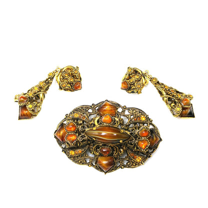 Filigree Topaz Art Glass Brooch & Clip Earrings, Dangle Earrings, 1950s Vintage Jewelry