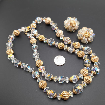 Vintage Crystal Necklace Earrings Set, 1960s, Gold Plated Beads, AB Crystal Beads, 28"