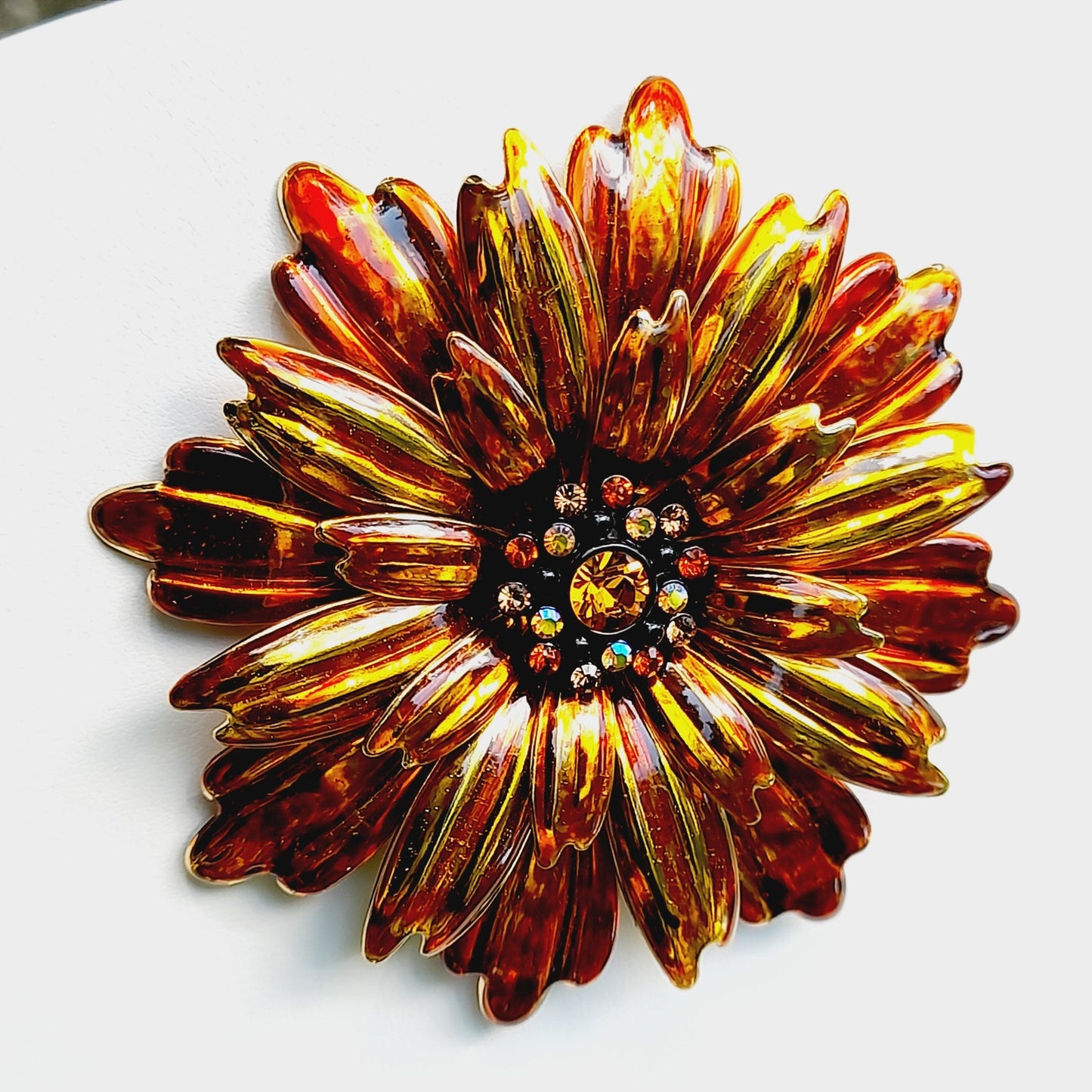 Joan Rivers Orange Gold Plated Floral Brooch, Rhinestone Center, 1990s