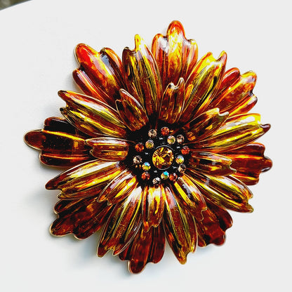 Joan Rivers Orange Gold Plated Floral Brooch, Rhinestone Center, 1990s