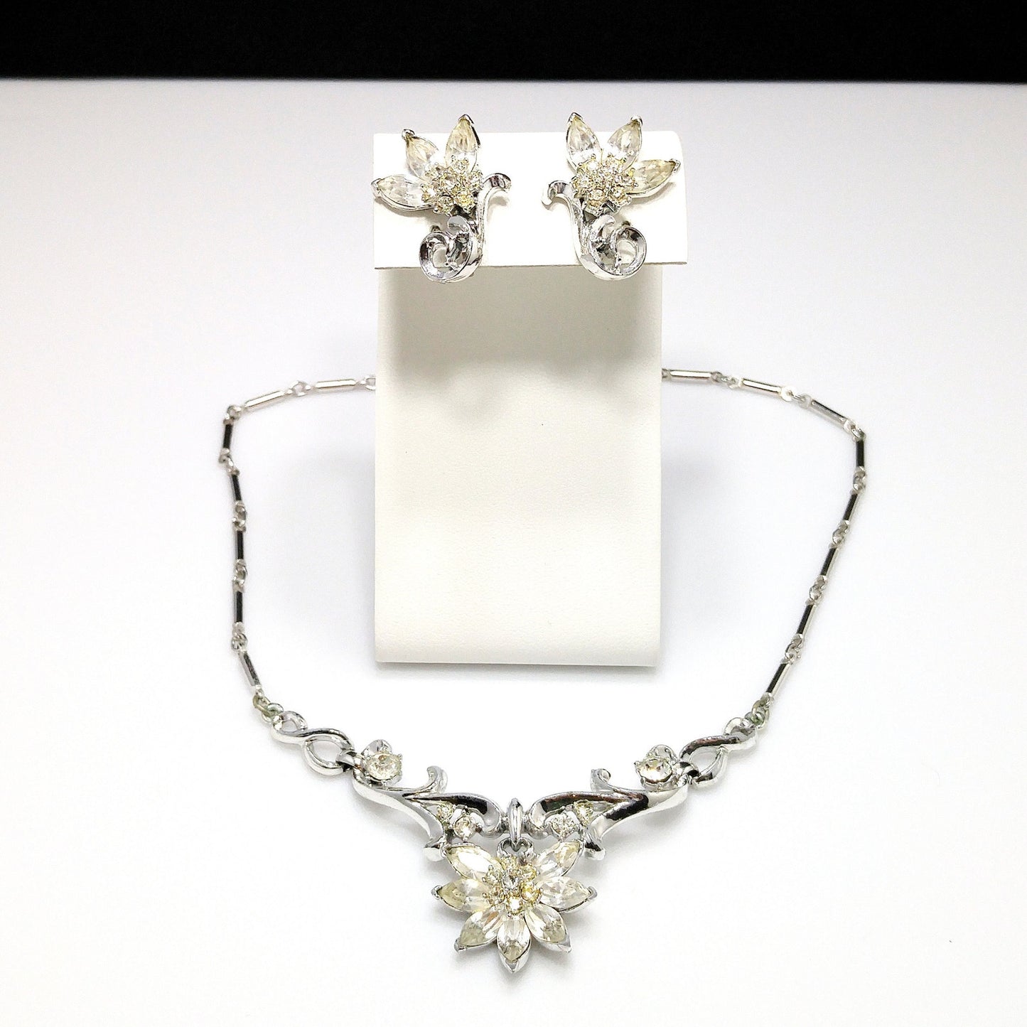 Coro Clear Rhinestone Rhodium Plated Necklace & Earrings, Wedding Jewelry Set, 1950s Vintage Jewelry