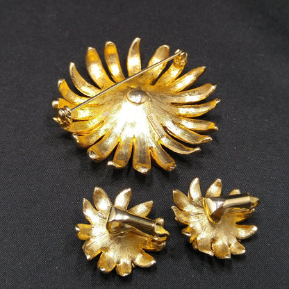 Kramer Floral Rhinestone Brooch & Earrings, Gold Plated, Faux Pearls, 1960s Vintage Jewelry