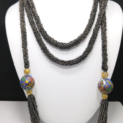 Vintage Art Deco Murano Millefiori Seed Bead Lariat Flapper Necklace, 1920s