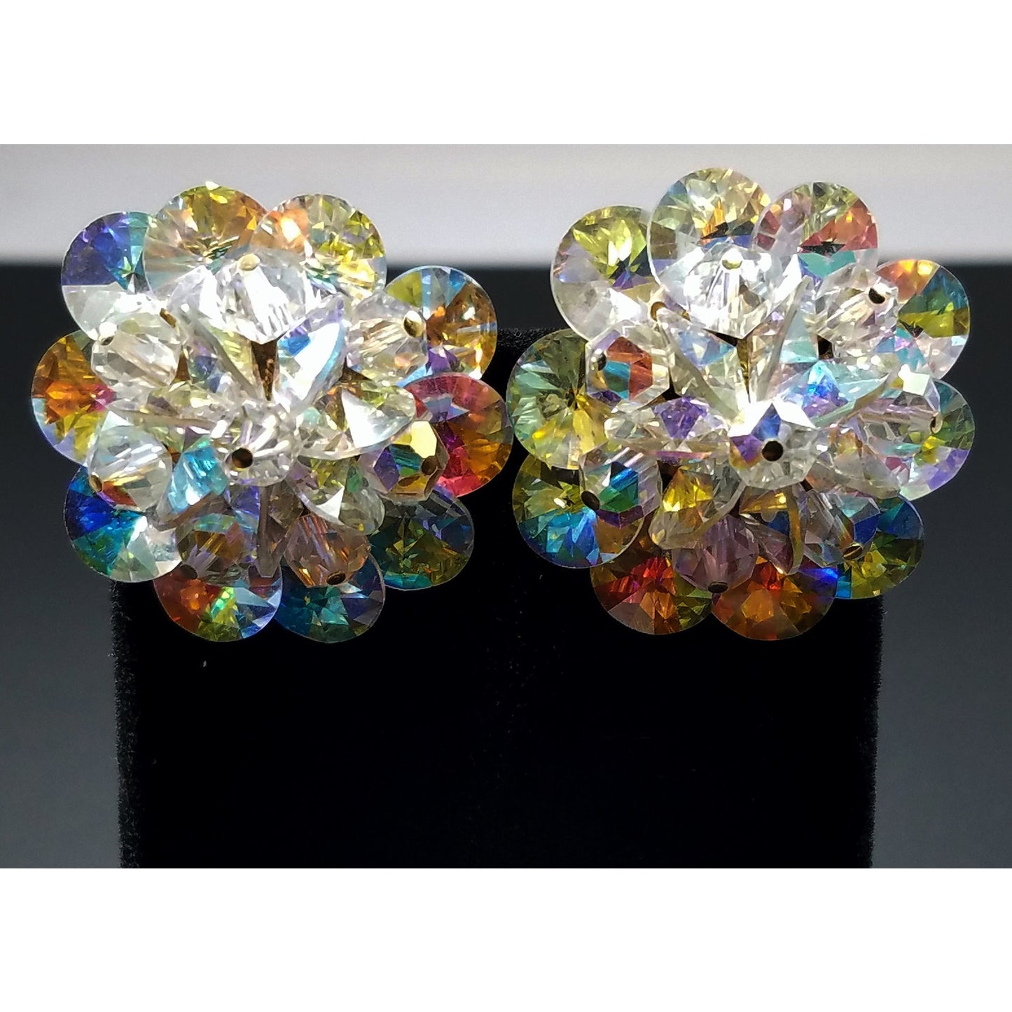 Laguna Aurora Borealis Crystal Earrings, 1950s Clip On Vintage Jewelry