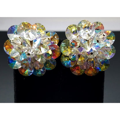 Laguna Aurora Borealis Crystal Earrings, 1950s Clip On Vintage Jewelry