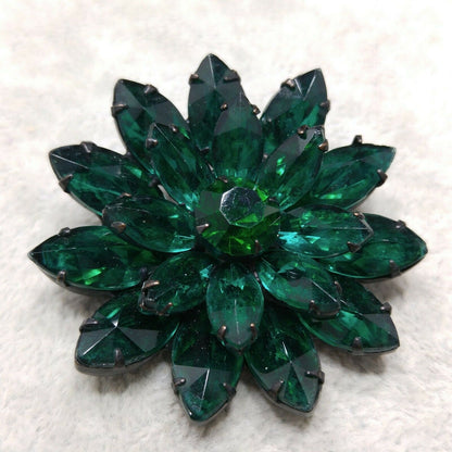 Vintage Emerald Green Rhinestones Floral Japanned Brooch, Mid-Century Flower Pin, 1950s Vintage Jewelry