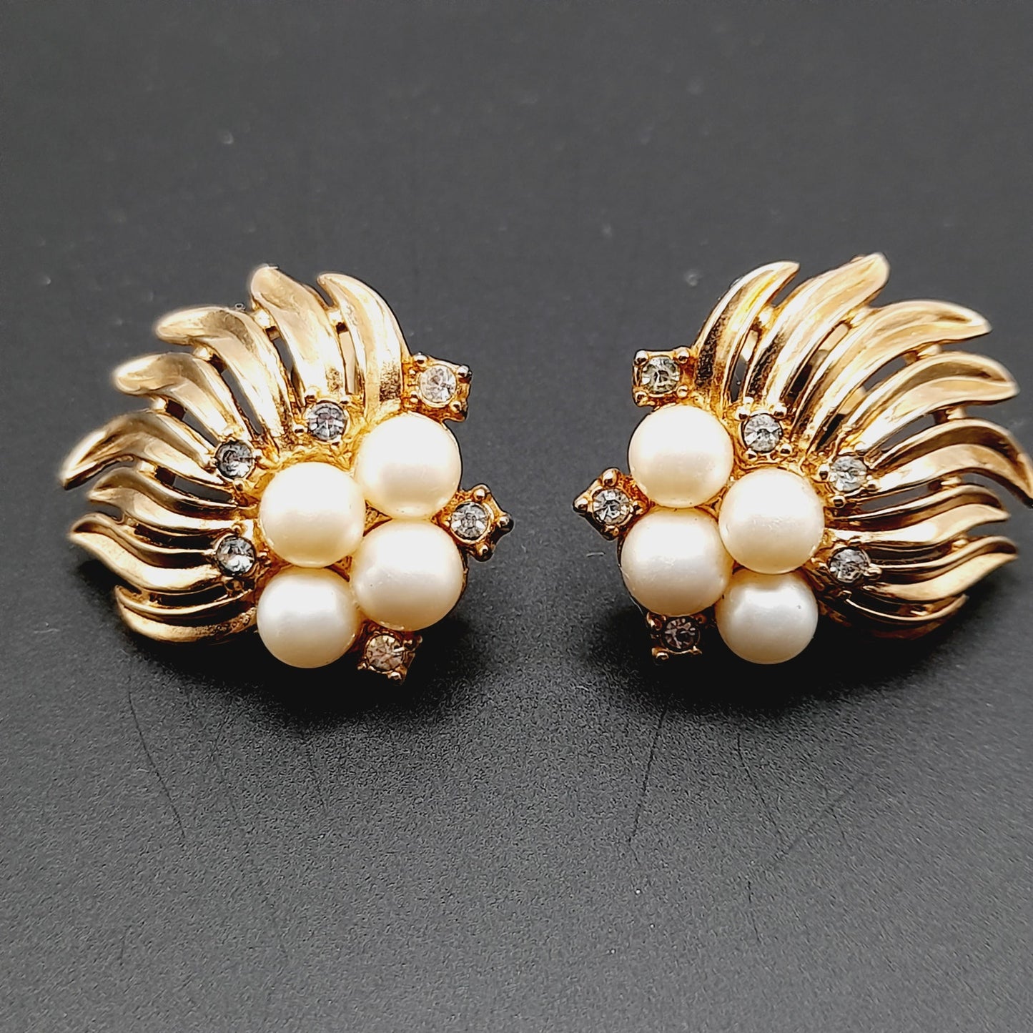 Vintage Crown Trifari Clip Earrings | Faux Pearl & Rhinestone Gold Tone - Mid-Century