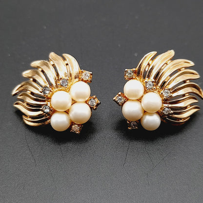 Vintage Crown Trifari Clip Earrings | Faux Pearl & Rhinestone Gold Tone - Mid-Century