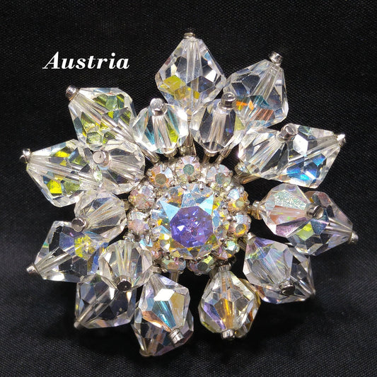 Austria Crystal Beaded Brooch, Aurora Borealis, 1960s Vintage Jewelry