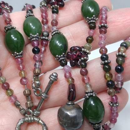 Vintage Gemstone Beaded Necklace, Garnet Clusters, Two Strands, 1990s Vintage Jewelry