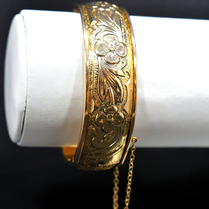 S O Bigney Gold Filled Floral Hinged Bracelet, Safety Chain, 1930s Vintage Jewelry