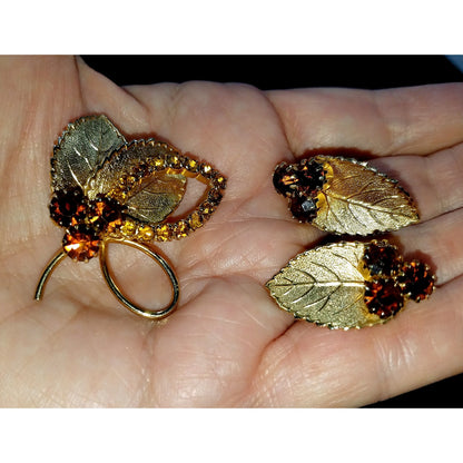 Vintage Judy Lee Gold Leaf Brooch & Earrings Set Topaz Rhinestones 1950s