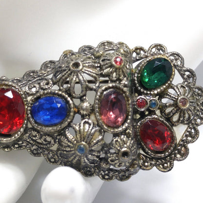 Vintage Rhinestone Floral Bow Brooch, Filigree Flowers, 1930s Jewelry