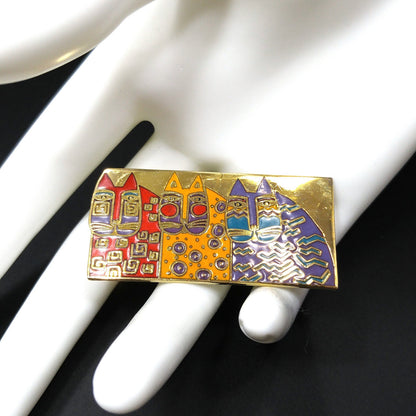 Laurel Burch "Wild Cats" Cloisonné Brooch, Three Cats Pin, 1980s Vintage Jewelry