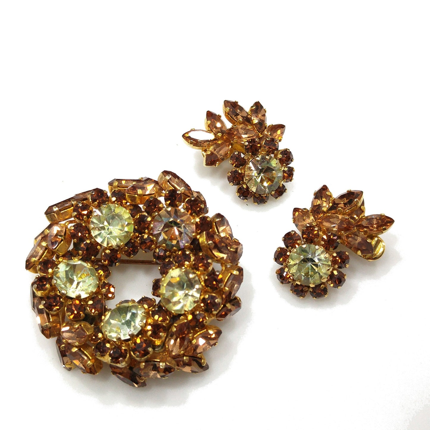 Schoffel Austria Topaz Jonquil Rhinestone Brooch & Earrings, Gold Plated, 1950s Vintage Jewelry