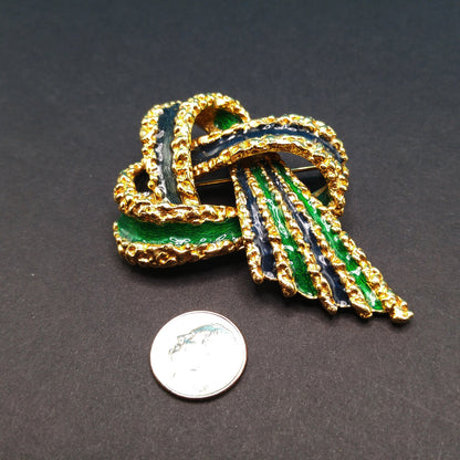 Vintage CINER Brutalist Green Enamel Brooch, Two Tone Green Enamel, Gold Plated