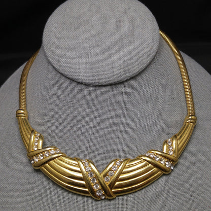 Monet Rhinestone Necklace, Gold Plated Snake Chain, 1960s Vintage Jewelry