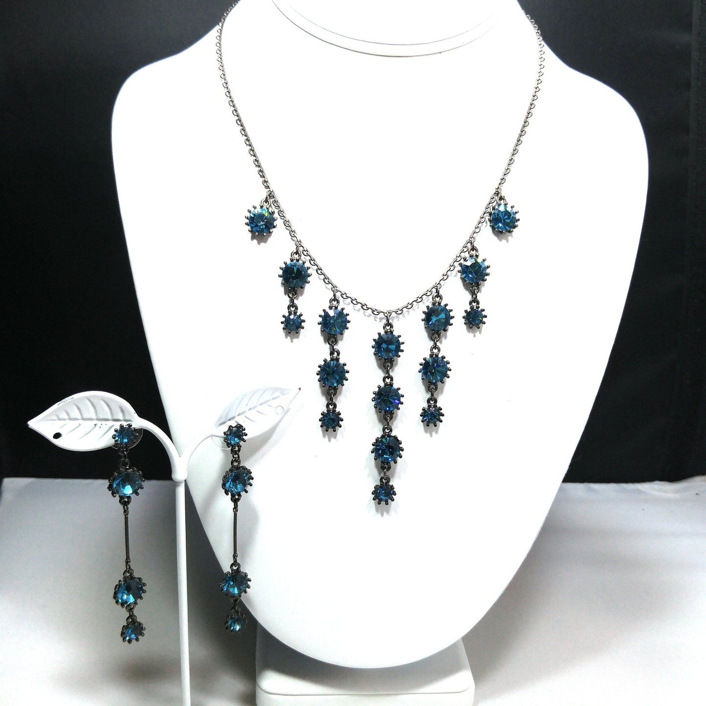 Austrian Crystal Turquoise Necklace Earrings Set, Long Post Earrings, Vintage Jewelry
