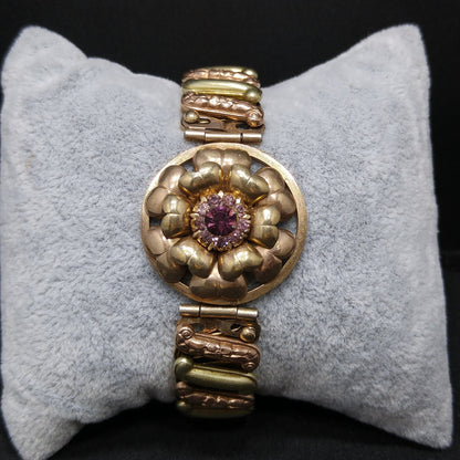 Antique Lustern Expansion Sweetheart Bracelet, 12KGF Sterling, Purple Rhinestones, 1920s Vintage Jewelry