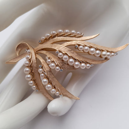 Vintage Crown Trifari Brooch – Gold Plated Satin Finish with Faux Pearls & Rhinestones