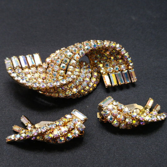Mid-century Modern AB Rhinestone Brooch Earrings, Gold Plated, 1960s Vintage Jewelry
