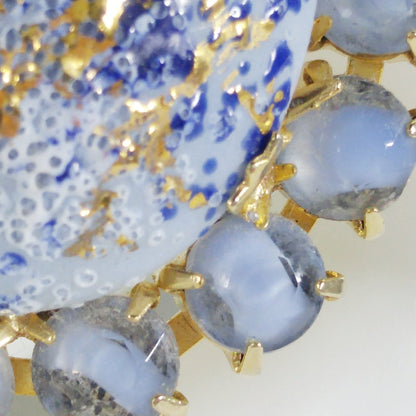 Hand Painted Blue Spatter Gold Ceramic Brooch, Gold Plated, 1960s Vintage Jewelry