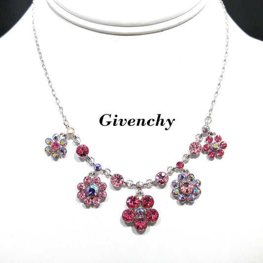 Vintage Givenchy Pink Rhinestone Floral Necklace Silver Tone Aurora Borealis 1990s