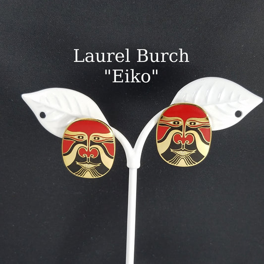 Vintage Laurel Burch "Eiko" Mask Earrings, Red Tribal Pierced Earrings, 1990s