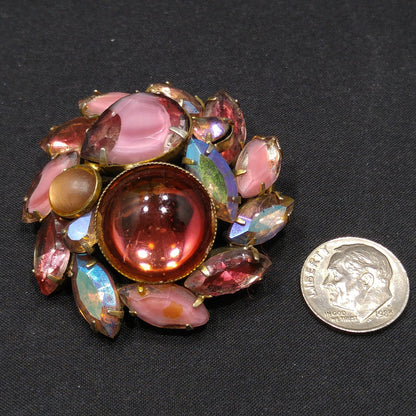 Mid-Century Pink Art Glass Domed Brooch, Czech Glass, Gold Plated, 1950s Vintage Jewelry