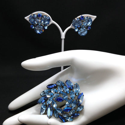 Regency Blue Rhinestone Brooch Earrings Set, 1950s Vintage Jewelry