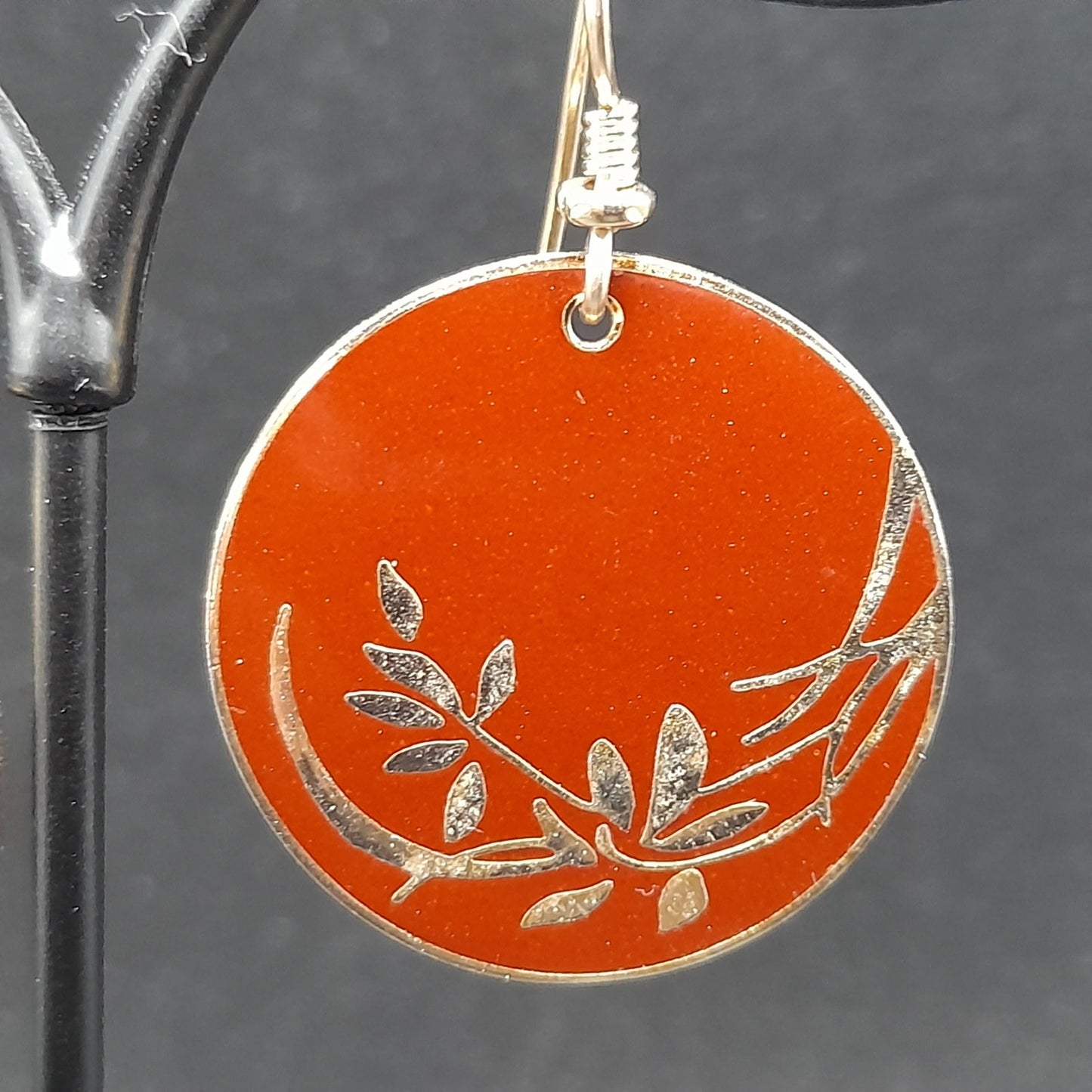 Vintage Laurel Burch Floral Drop Earrings, Red Brown Enamel, Gold Plated