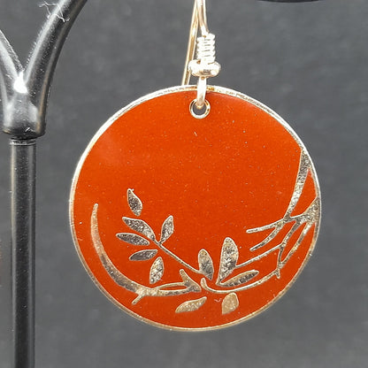 Vintage Laurel Burch Floral Drop Earrings, Red Brown Enamel, Gold Plated
