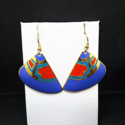 Vintage Laurel Burch Fan Earrings, Blue Red Teal Enamel, Gold Plated