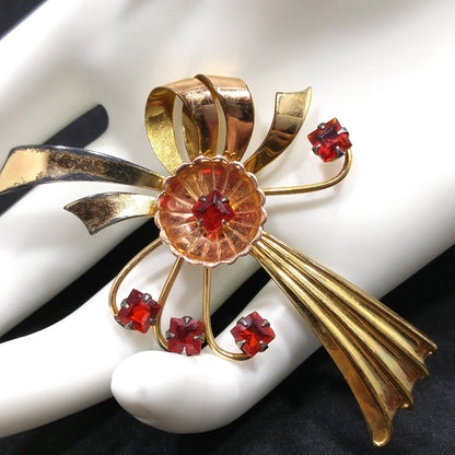 Gold Filled Bow Flower Brooch, Red Rhinestones, 1940s Vintage Jewelry