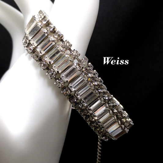 Vintage Weiss Clear Rhinestone Bracelet, Rhodium Plate, Safety Chain, 1950s