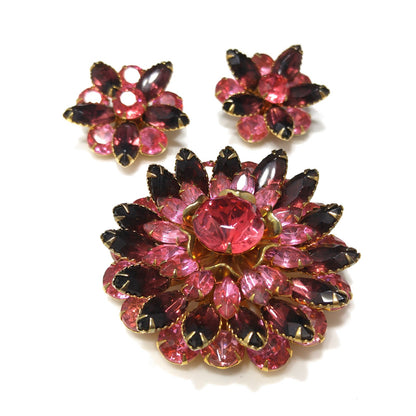 Vintage Celebrity Pink Purple Brooch & Earrings, 22K Gold Plated, 1940s