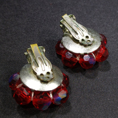 Czech Red Glass Beaded Necklace & Earrings, Fire Polished Red Beads, 1950s Vintage Jewelry