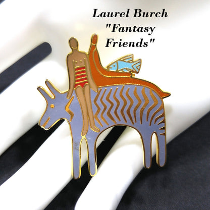 Laurel Burch "Fantasy Friends" Brooch, Cloisonne Enamel, 1980s Vintage Jewelry